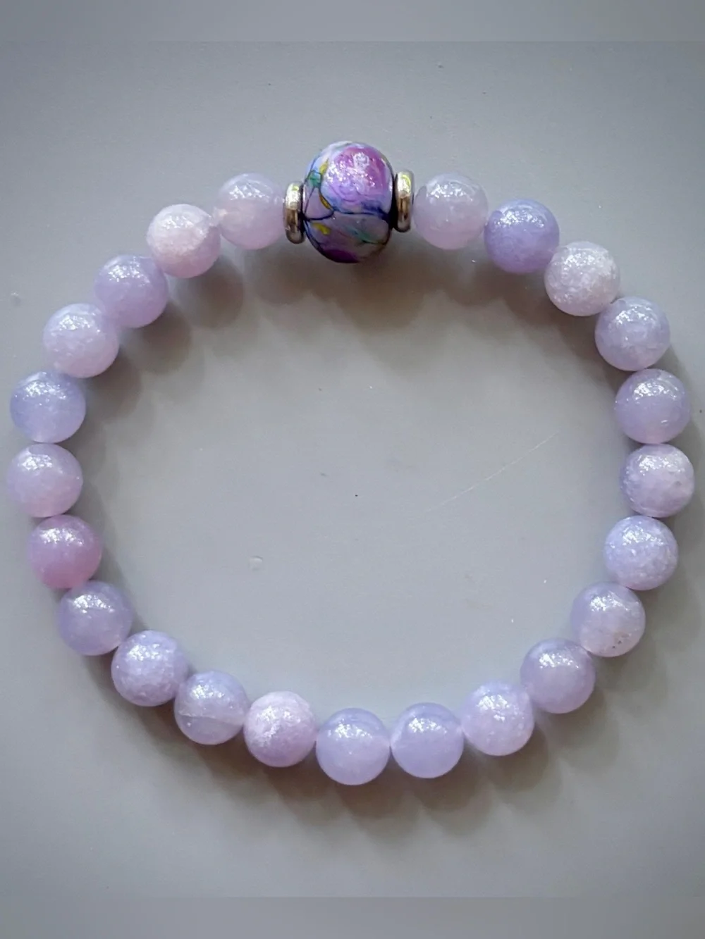 Light Purple Chalcedony and Blue Lampwork Bead Handcrafted Bead Bracelet